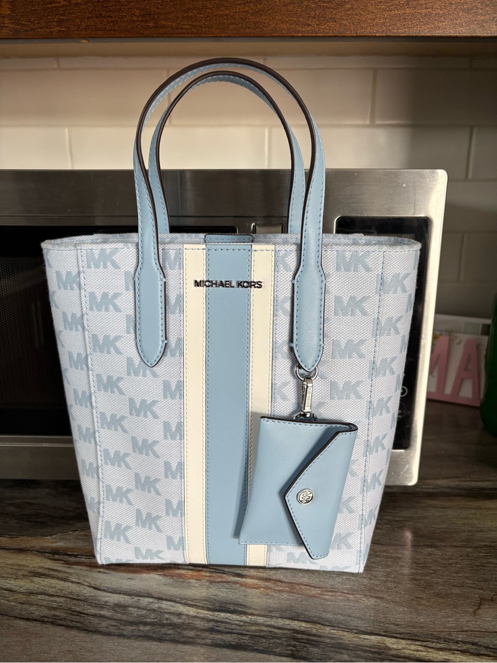 Michael Kors Pale Blue and Cream Signature Tote with Card Pouch